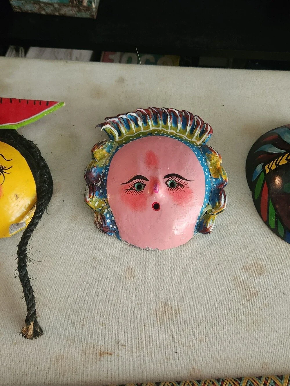 Mexican Folk Art Colorful Ceramic Face Wall Mask Trio - Yellow, Pink, Multicolor